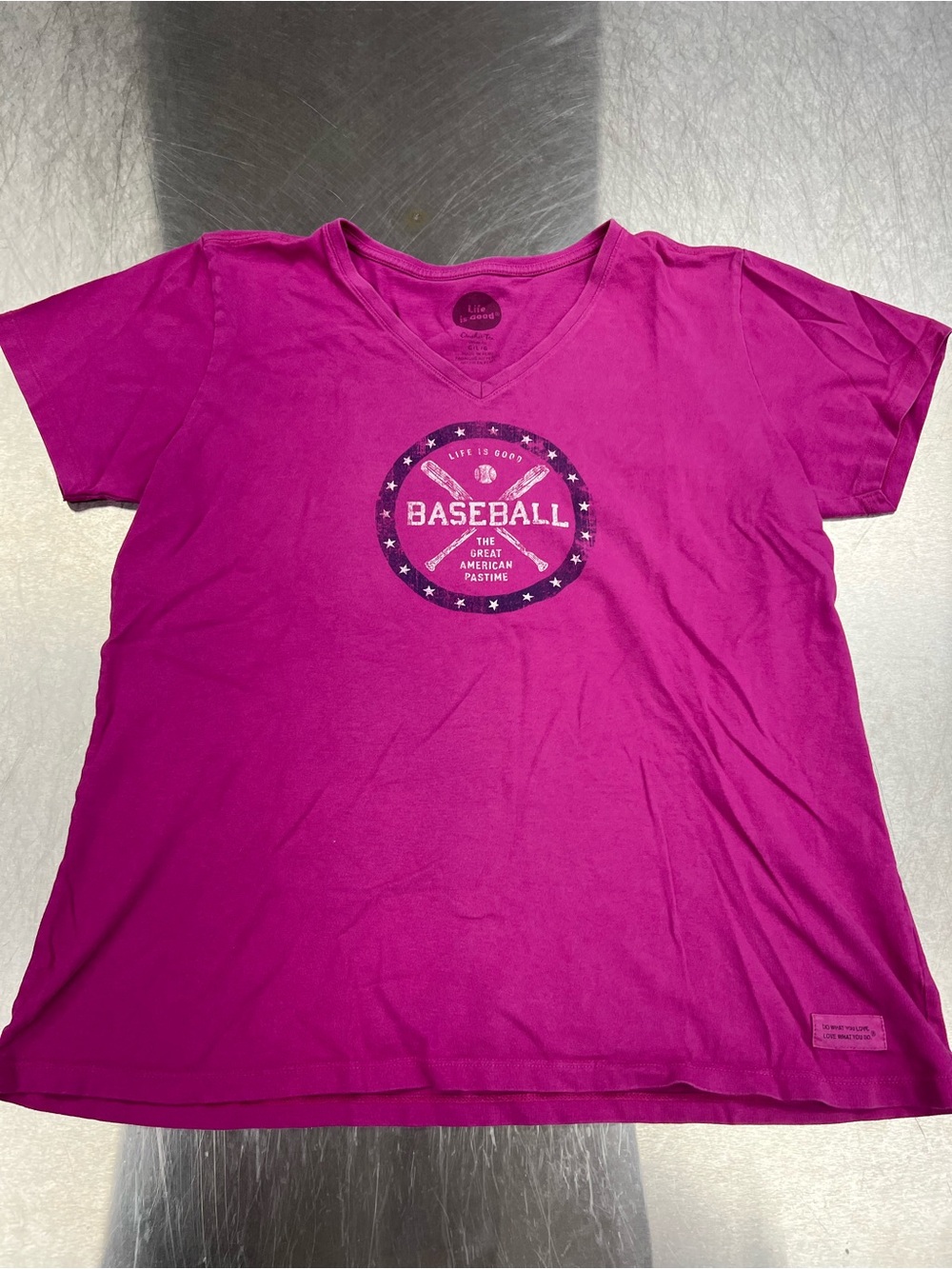 Life is Good Baseball V-Neck Tee in Magenta Women's Large